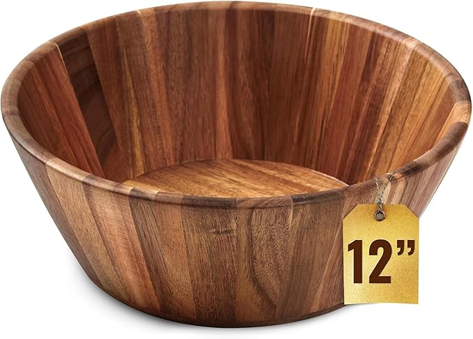 Woodenhouse Wooden Salad Bowl, Salad Bowl, Wooden Bowl - 12" Round Design Fruit Bowl, Handmade, Durable and Stylish Natural Wood Dining Accessory