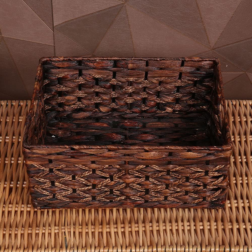 Rectangular Woven Water Hyacinth Basket,Dark Storage Basket With Inside Handle Shelves Kitchen Office Desk (Small)