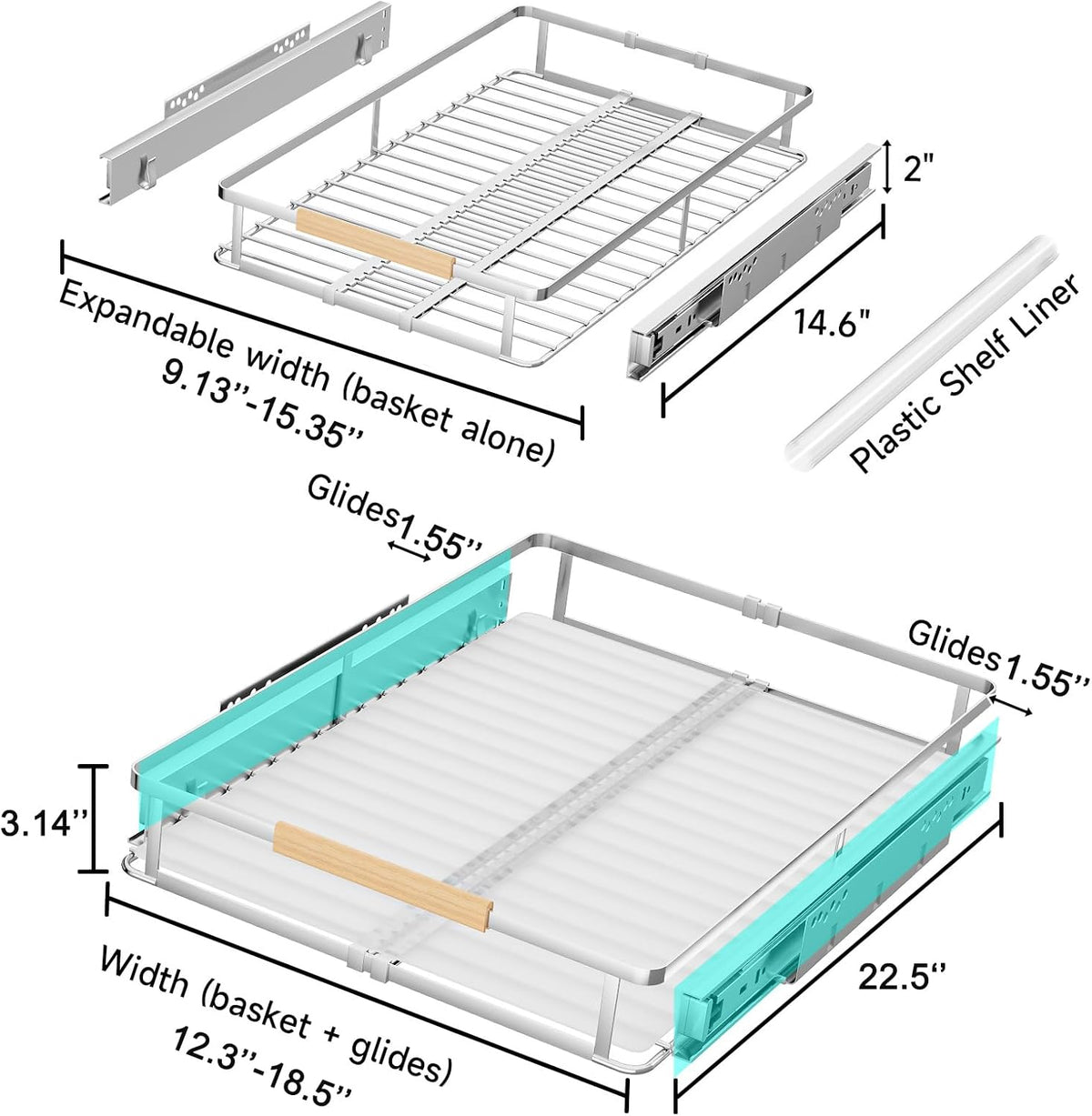 2Pack Expandable Pull Out Cabinet Organizer, Slide Out Drawers for Kitchen Cabinets, Heavy Duty Drawer Slides for Home Kitchen Pantry Cupboard Pots Pans, Adjustable Width 12.3"~18.5" W x 22.5''D