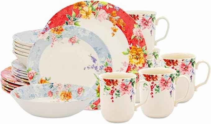 Tudor Royal 24-Piece Porcelain Round Dinnerware Set, Service for 6, Crimson Design, Summer Floral, Plates Bowls Mugs Dishes, Glossy, Premium Quality Tableware
