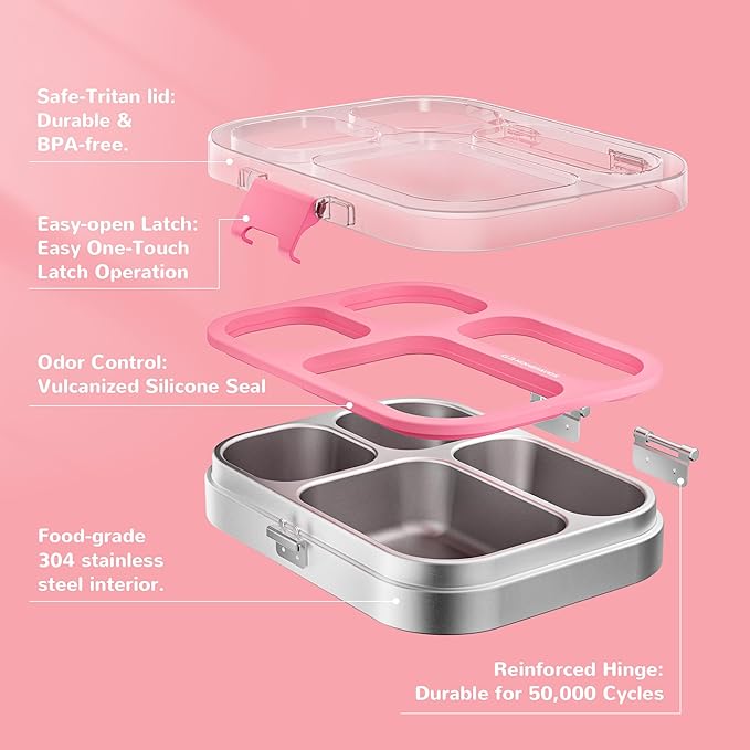 G.a HOMEFAVOR Kids Stainless Steel Lunch Box - 4-Compartment Bento Box with Locking Lid, One-Touch Latch, Leakproof Food Container for School, Travel, 800 ml, Pink