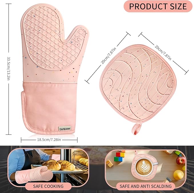 Pink Oven Mits, Heat Resistant, Non-Slip Grip Pattern, Baking Gloves for Oven, Kitchen Pot Holders,1 Pair
