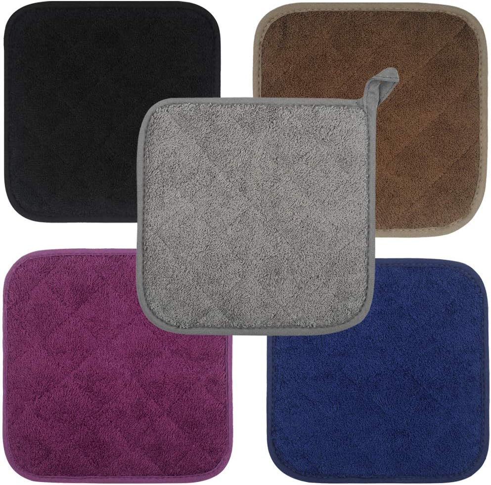 100% Cotton Kitchen Everyday Basic Terry Pot Holder Heat Resistant Coaster Potholder for Cooking and Baking Set of 5 (Multi Color 2, Potholder)