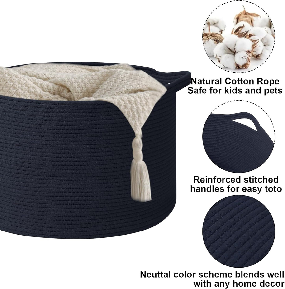 Large Blanket Basket for Organizing,65L Closet Organizers and Storage Bins Box for Shelves Woven Rope Storage Baskets,Living Room,Bedroom,Dorm,Laundry room (Navy)