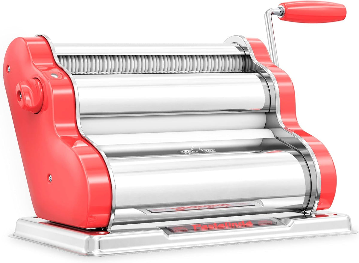 PASTALINDA Classic 260 Pasta Maker Machine, 26 cm Wide Rollers, 9 Thickness Positions, 2 Cutting Positions, Stainless Steel. Includes Reinforced Hand Crank And Two Clamps (Coral)