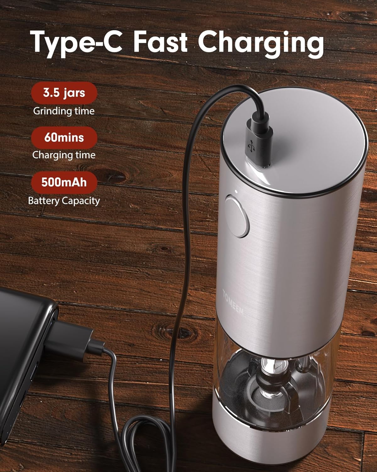 TOMEEM Upgraded Larger Capacity Electric Salt and Pepper Grinder Set Rechargeable with LED lights, Stainless Steel Automatic Pepper and Salt Grinder Refillable with 5 Adjustable Coarseness Gray