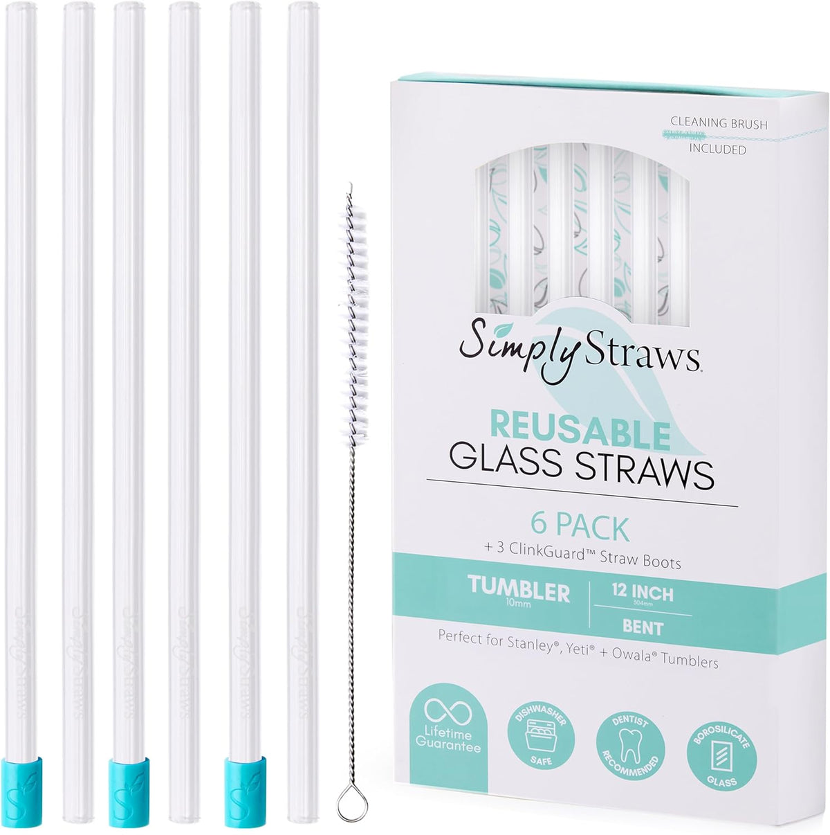 Simply Straws 12 Inch Glass Straws Straight (6-Pack) – Reusable Glass Straws for Stanley 40 Oz Tumbler, with Cleaning Brush – Durable, Dishwasher Safe, Hot & Cold Use, BPA-Free (Air)