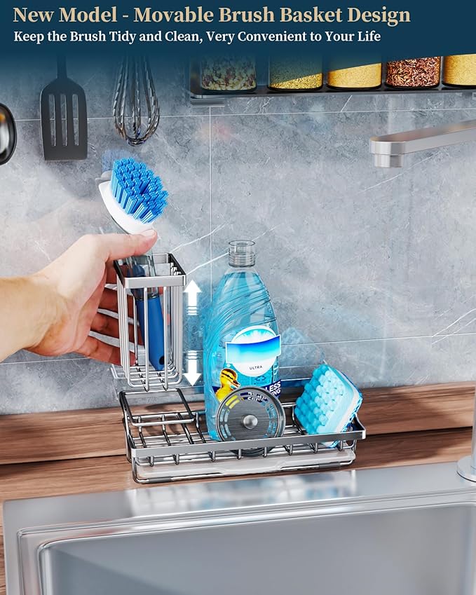 Consumest Sink Caddy, Kitchen Sponge Holder with Dish Brush Holder, Kitchen Organizer with Drip Tray for Countertop, Stainless Steel Rustproof - Silver