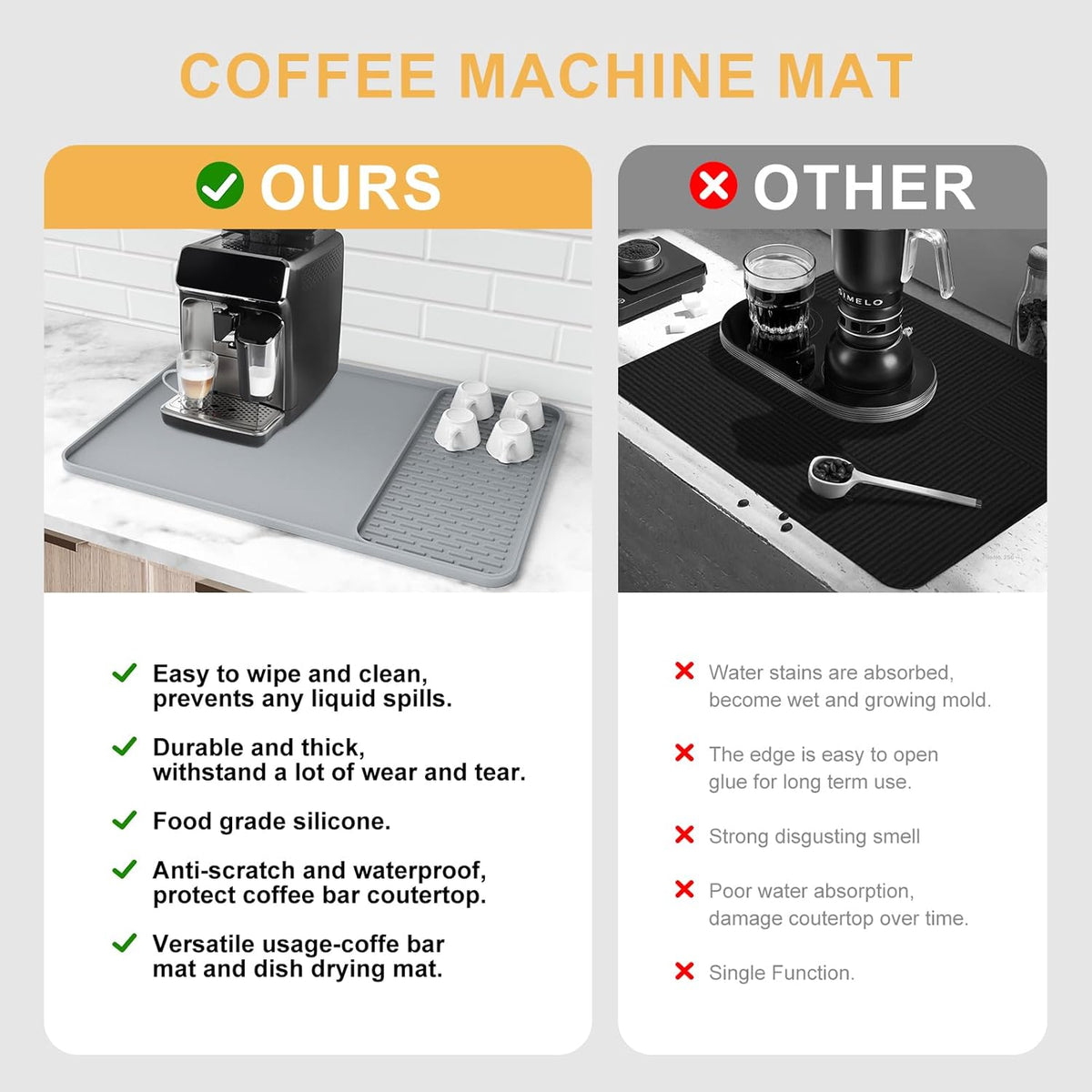 Silicone Coffee Mat, 24'' x 16'' Bar Mat with Detachable Dish Drying Mat for Countertops, Fits Under Coffee Maker, Machine, Espresso Machine, Dish Rack
