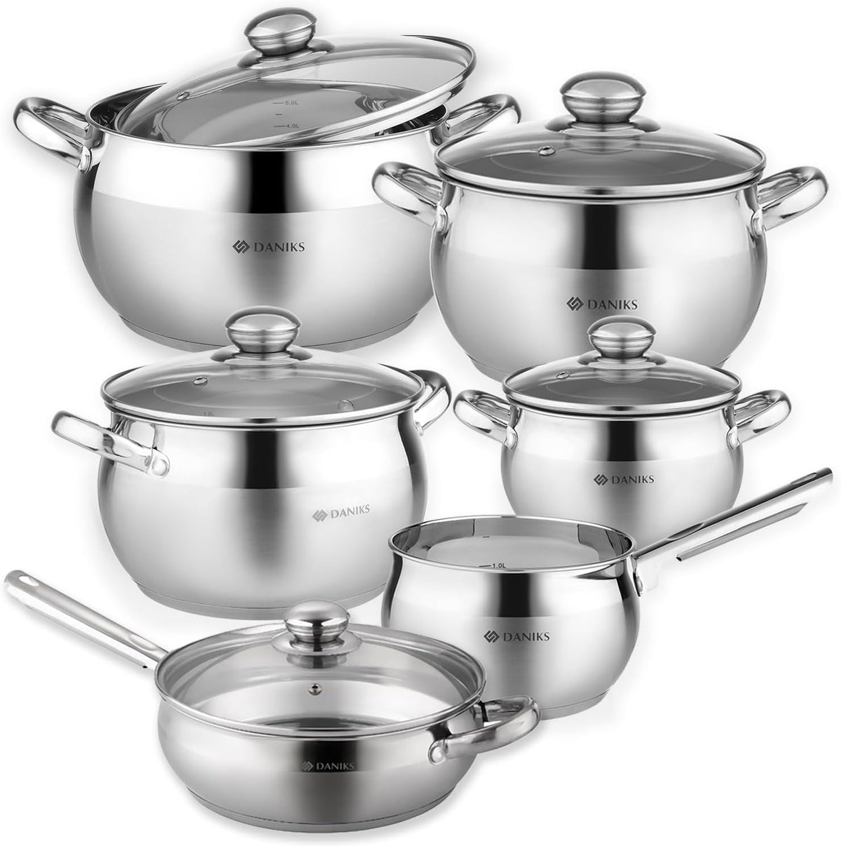 Daniks Classic Frying Pan Included, 11-Piece Stainless Steel Induction Cookware Set, Dishwasher Safe Pots and Saucepan, Glass Lids, Measuring Scale, For Soup, Pasta, Stew, Silver