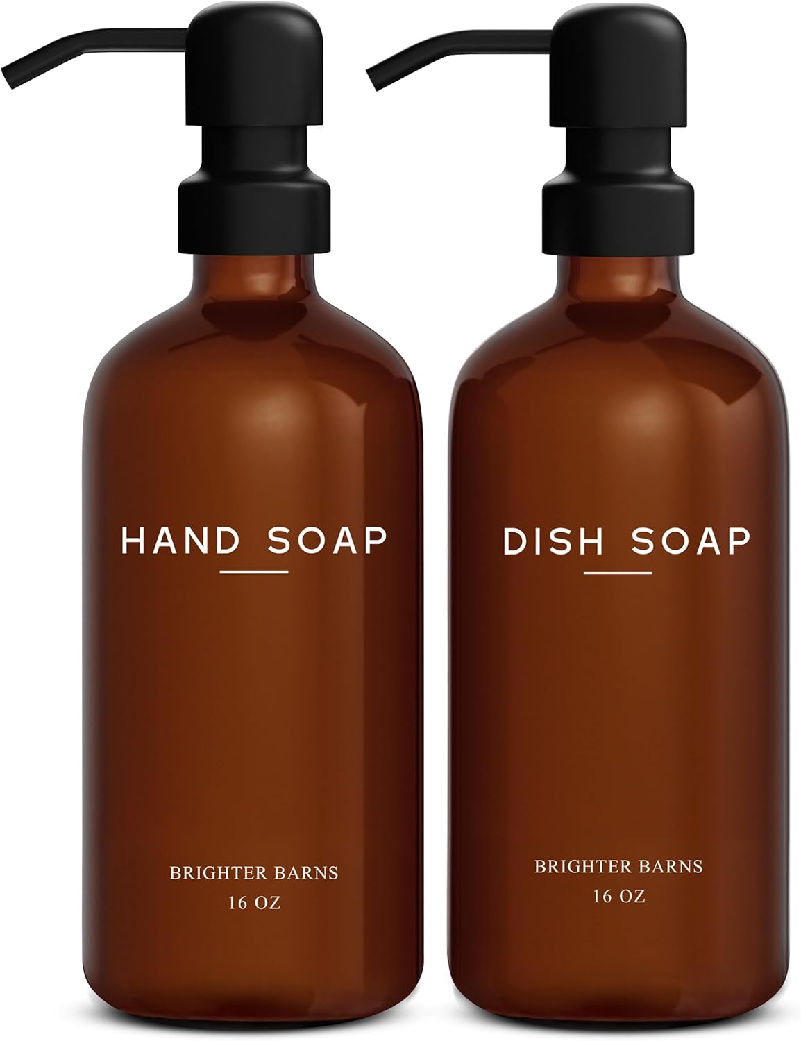 Amber Glass Hand and Dish Soap Dispenser Set by Brighter Barns - Modern Kitchen Decor & Accessories for Airbnb, RV, Office, Housewarming Gifts (Amber)