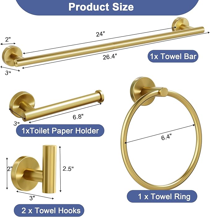 Brushed Gold Bathroom Hardware Set, 24 Inch SUS304 Stainless Steel Bath Towel Bar Set, Bathroom Accessories Set, Towel Rack, Towel Ring, Toilet Paper Holder, Robe Towel Hooks, 5-Pieces
