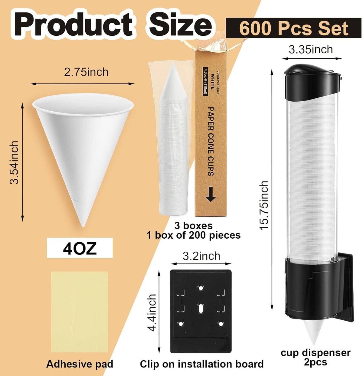 Roshtia 600pcs 4 oz Paper Cone Cups Thicken Disposable with 2 Cups Dispenser Pull Type Wall Mount Cup Holder Paper for Restaurants, Home, and Office, and Shaved Ice, Cold