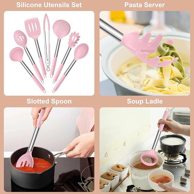 E-far Silicone Cooking Utensils Set, 7 Pcs Heat Resistant Kitchen Utensils with Stainless Steel Handle, Slotted Turner, Spoon, Soup Ladle, Pasta Server, Skimmer, Tongs for Nonstick Cookware, Pink