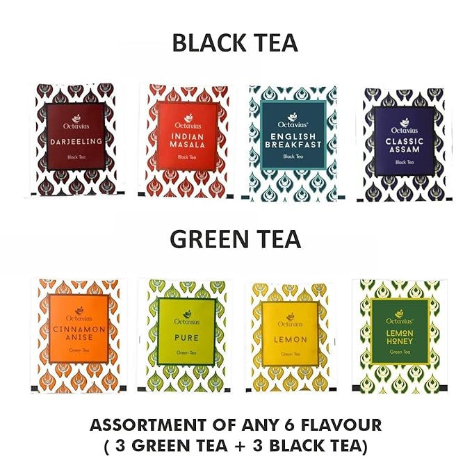 Octavius Assortment of 6 Black & Green Teas - 30 Enveloped Tea Bags in Ornate Floral Art Wooden Box | Tea Sampler Assortment Box Tea Variety Pack | Tea gift for Tea Lovers, Family, Friend