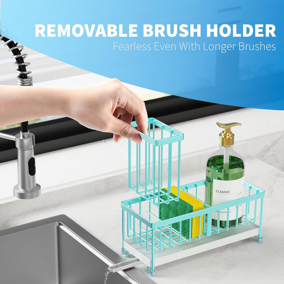 Cisily Turquoise Sponge Holder for Kitchen Sink, Sink Caddy Organizer with High Brush Holder, Kitchen Countertop Organizers and Storage Essentials, Rustproof 304 Stainless Steel, Soap Dispenser