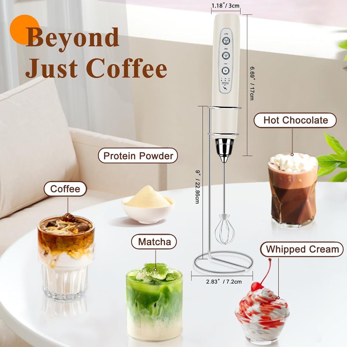 Milk Frother Handheld Rechargeable with Stand, Frother Wand Drink Mixer Electric Whisk for Coffee, Detachable With 3 Stainless Whisks, Hand Mixer for Lattes, Cappuccino, Matcha, Egg, Beige