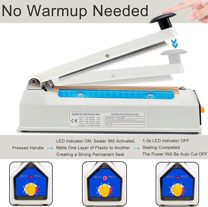 Impulse Sealer 8 Inch Heat Sealer for Plastic Bags, Plastic Mylar Bag Sealer, Iron Shell, Manual Poly Bag Heat Sealer Machine, 3mm Sealing, 4 Replacements Kit (2 Cutting Lines Included)