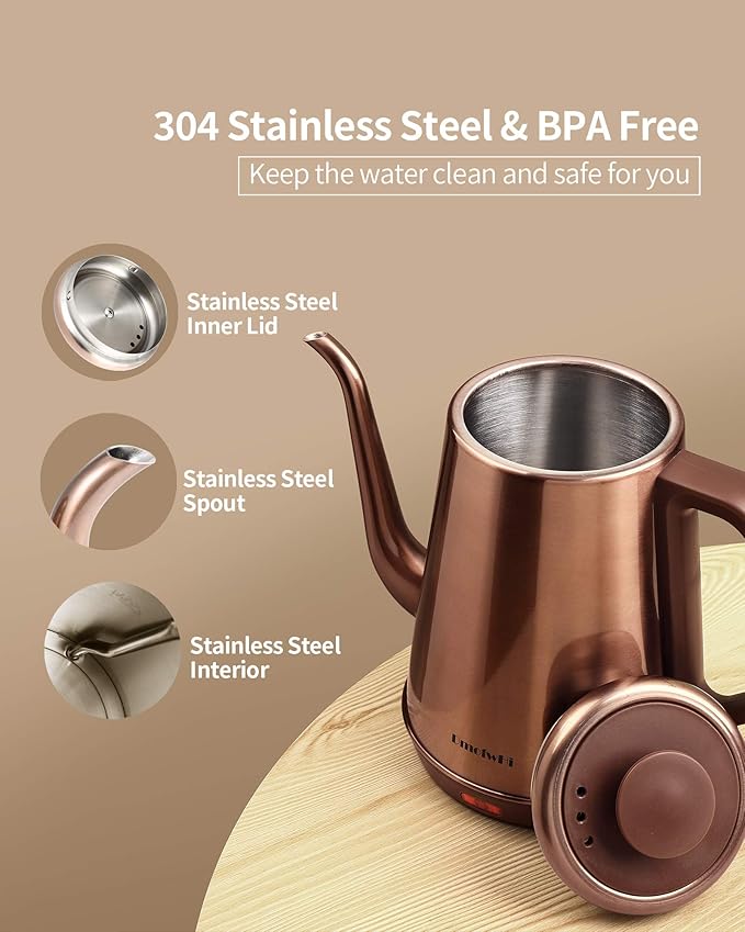 DmofwHi 1000W Gooseneck Electric Kettle (1.0L),100% Stainless Steel BPA Free Tea Kettle with Auto Shut - Off Protection, Pour Over Coffee Kettle -Copper