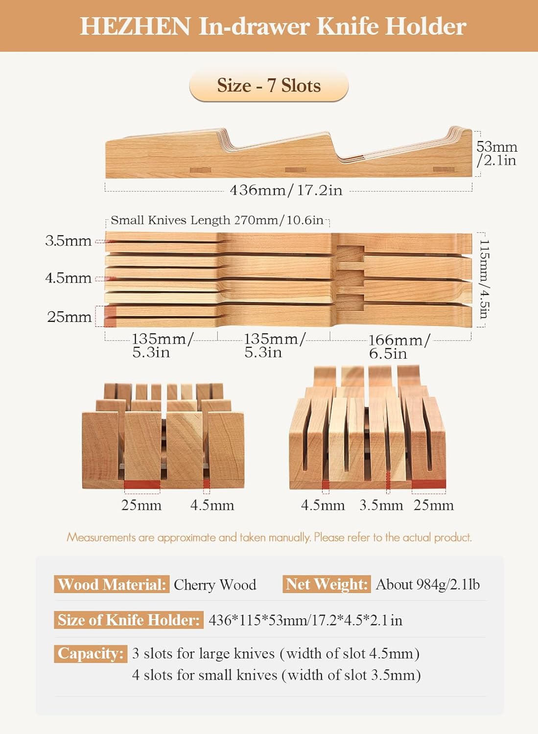 HEZHEN 7-slot Cherry Wood In-drawer Knife Tray,Kitchen Storage Organization Organizer Insert,Saves Countertop Space