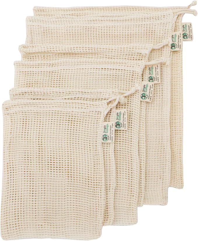 Simple Ecology Reusable Produce Shopping and Storage Bags, Drawstring, Washable Organic Cotton Mesh, Set of 6 with 2 ea. L, M, S