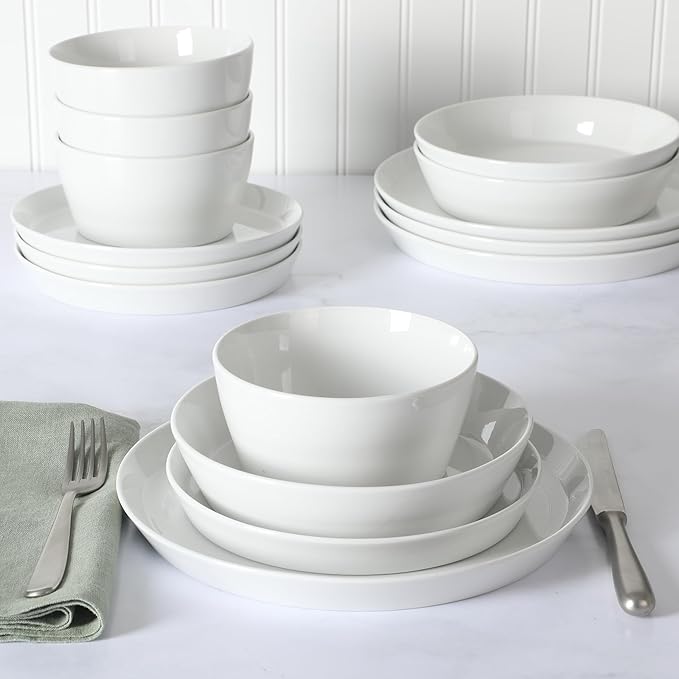 Martha Stewart Selma Chip & Scratch Resistant Dinnerware Set – White Plates and Bowls, Durable Dishwasher and Microwave Safe Dishes Set for Everyday Use