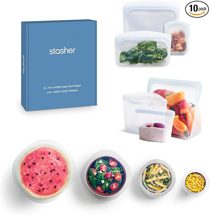 Stasher Premium Silicone Reusable Food Storage Bags and Stretch Lids 10-Pack, Clear, Airtight Seal, Food Containers & Covers, Boxed Starter Kit, BPA Free, Leak-free, Dishwasher Safe, Eco-Friendly