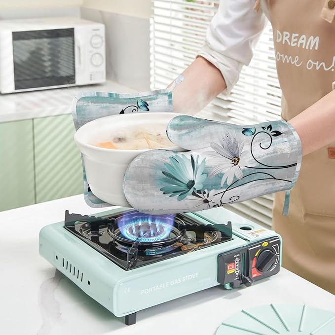 Teal Daisy Oven Mitts Pot Holders Set Silicone Heat Resistant Farm Teal Daisy Floral Flowers and Butterfly Oven Mitts and Hot Pads Potholders Non-Slip Oven Gloves for BBQ