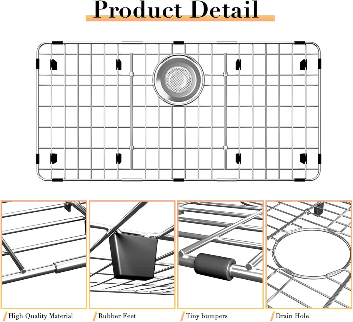 27.5’’ x 13.5’’ Stainless Steel Sink Protector, Sink Protectors for Kitchen Sink, Sink Grid, Sink Grate for Bottom with Rear Drain, Metal Sink Rack for Bottom of Sink with Corner Radius