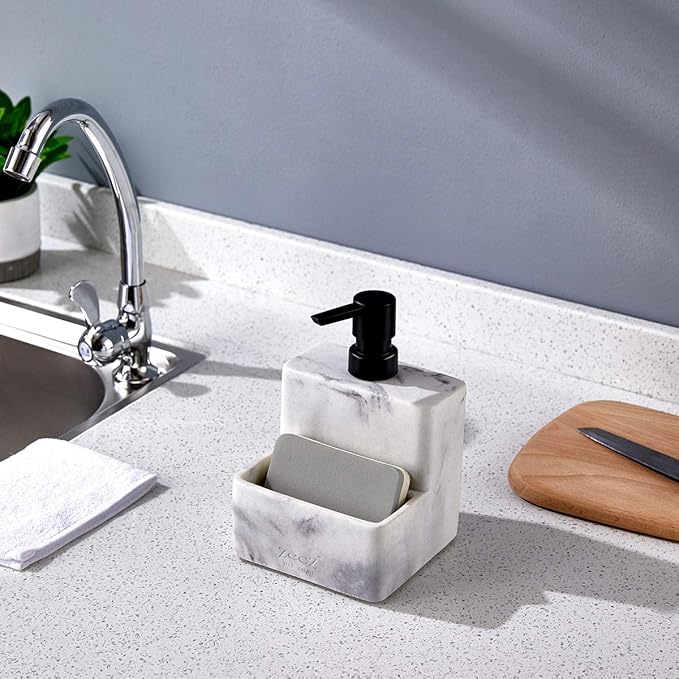 zccz Soap Dispenser with Sponge Holder, Marble Look Liquid Hand and Dish Soap Dispenser Pump Bottle and Sponge Holder 2 in 1 for Kitchen Sink Bathroom Counter Storage and Organization