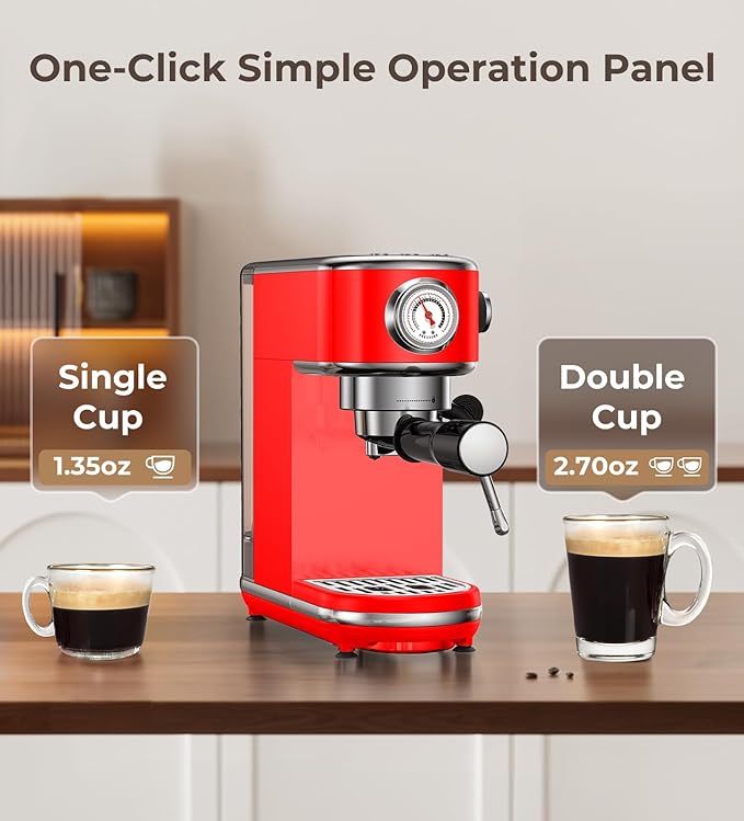 atatix 20 Bar Espresso Machine with Milk Frother, Compact Espresso Maker, Stainless Steel Coffee Machine with Precise Temp Control & 44oz Removable Water Tank for Latte, Cappuccino, Red