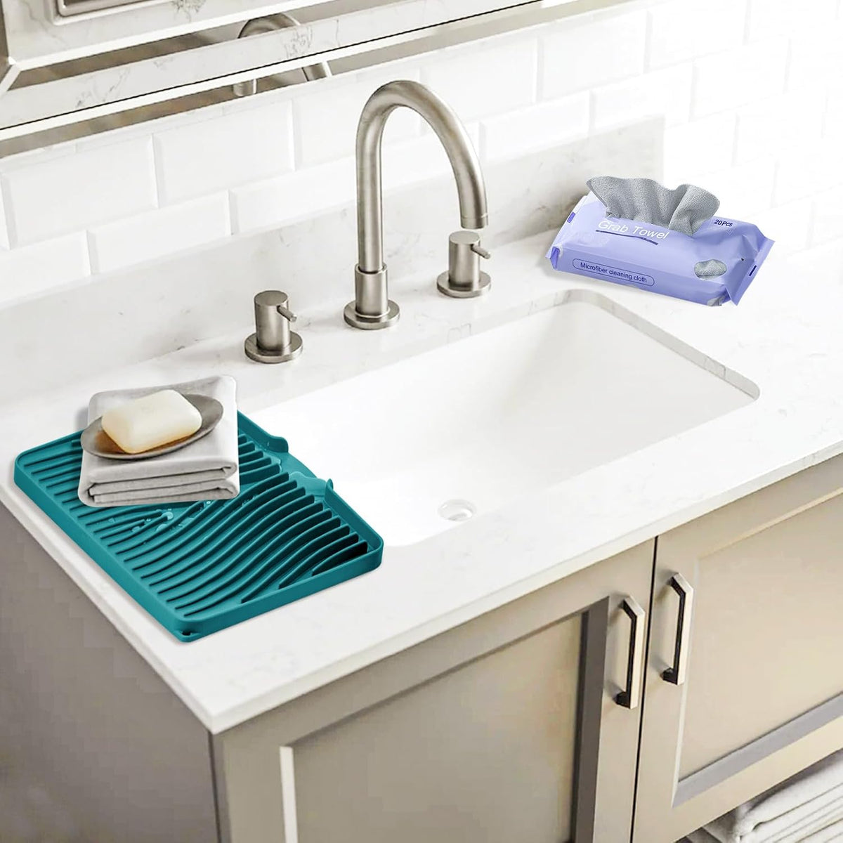 Silicone Dish Drying Mat, Stone Drying Mat for Kitchen Counter with Built-in Drain, Non-Slip 15.8" X 13" Drying Matt Kitchen Counter and Grey Microfiber Cleaning Cloth, Cleaning Rags Set(Green)