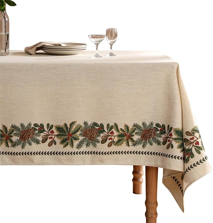 ISAENNE Designer Christmas Linen Small Rectangular Tablecloth,Light Beige Western Elegant Table Cloth,Wrinkle Resistant Decor Tablecloths for Dining Thanksgiving Kitchen Christmas,55"*71"-Carol G