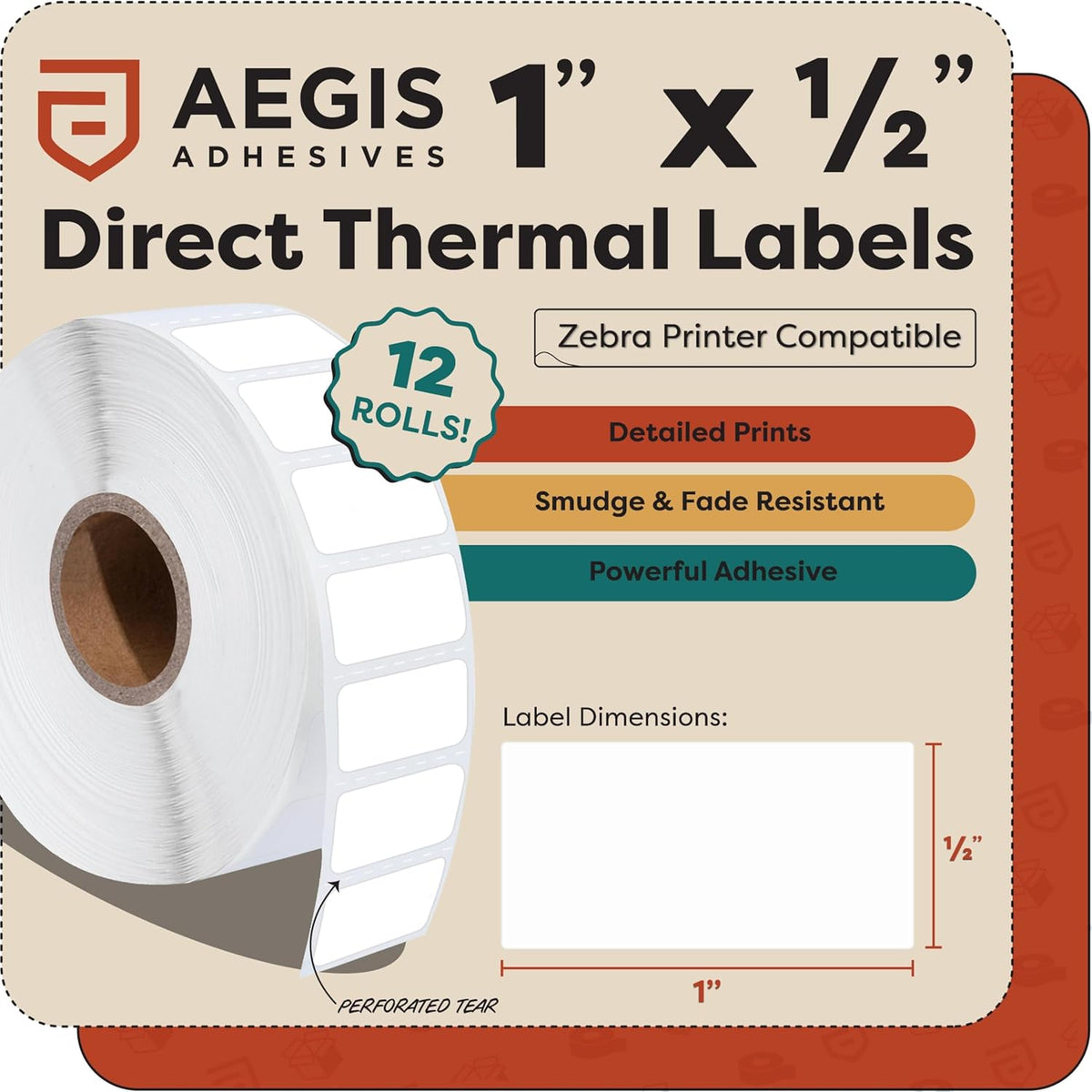 Aegis Adhesives - 1” X ½” Direct Thermal Labels for Small Price Tags, Return Address, File Folder, Compatible with Zebra Desktop Printers - NOT Rollo Compatible (12 Rolls, 2400 Labels/Roll)