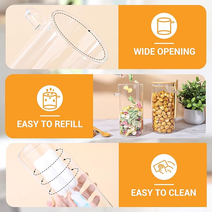 Glass Jars with Bamboo Lids and Spoon - 2 Pack 44 Fl.oz Round Pasta Storage Containers with Airtight Lid, Includes Labels, Marker and Brush, Large Kitchen Pantry Canisters for Rice, Noodles