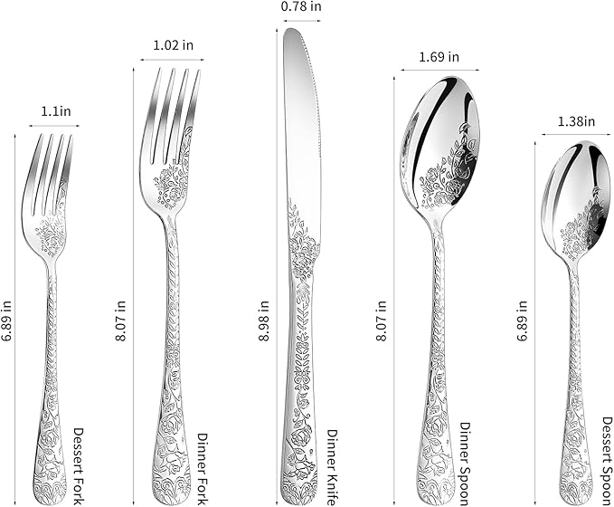 Floral 40 Pcs Silverware Set for 8, Food Grade Stainless Steel Flatware Set with Rose Flower Embossed Design, Eating Utensils Sets Include Fork/Knife/Spoon, Reusable Cutlery Set, Dishwasher Safe