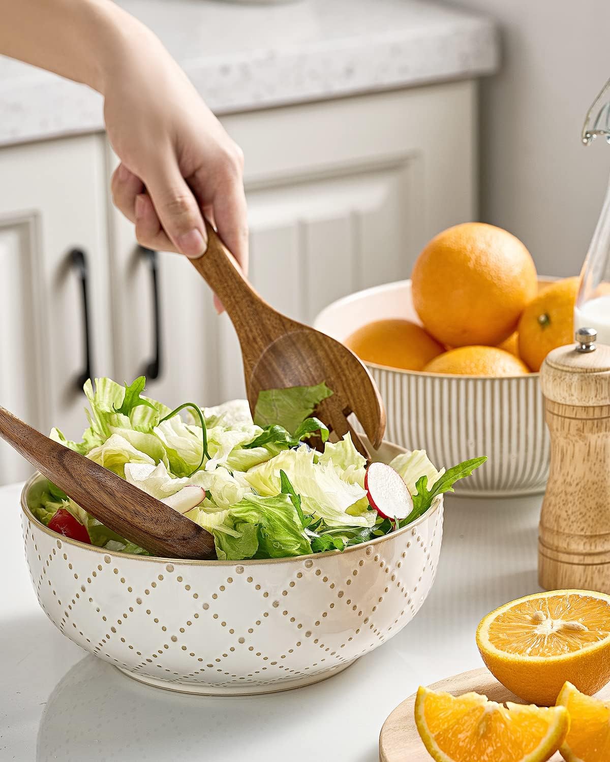 getstar Large Serving Bowls (8 inch & 60 fl oz), Ceramic Salad Bowl Set of 2, Microwave and Dishwasher Safe, Farmhouse Kitchen Decorative Bowls Set (Embossed Checks & Stripes)