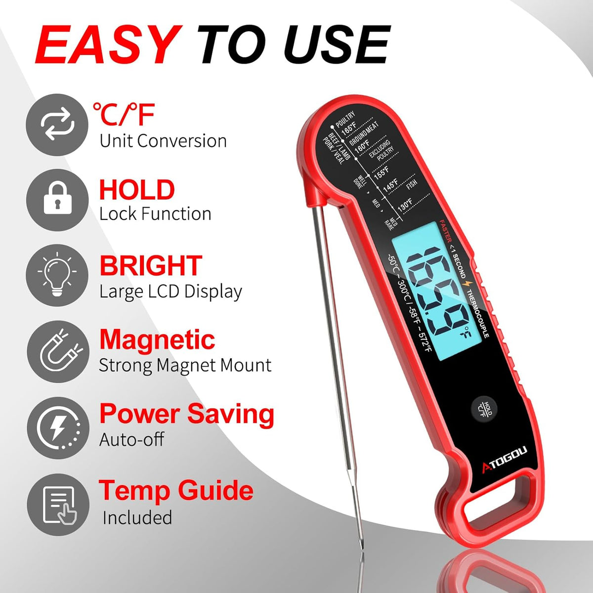 Professional Food & Meat Thermometer, 1 Sec Instant Read & ±0.5℉ Accuracy Driven by Thermocouple Sensor. IP67 Waterproof Digital Thermometer for Cooking, BBQ, Grill Gifts for Men Him Dad Birthday