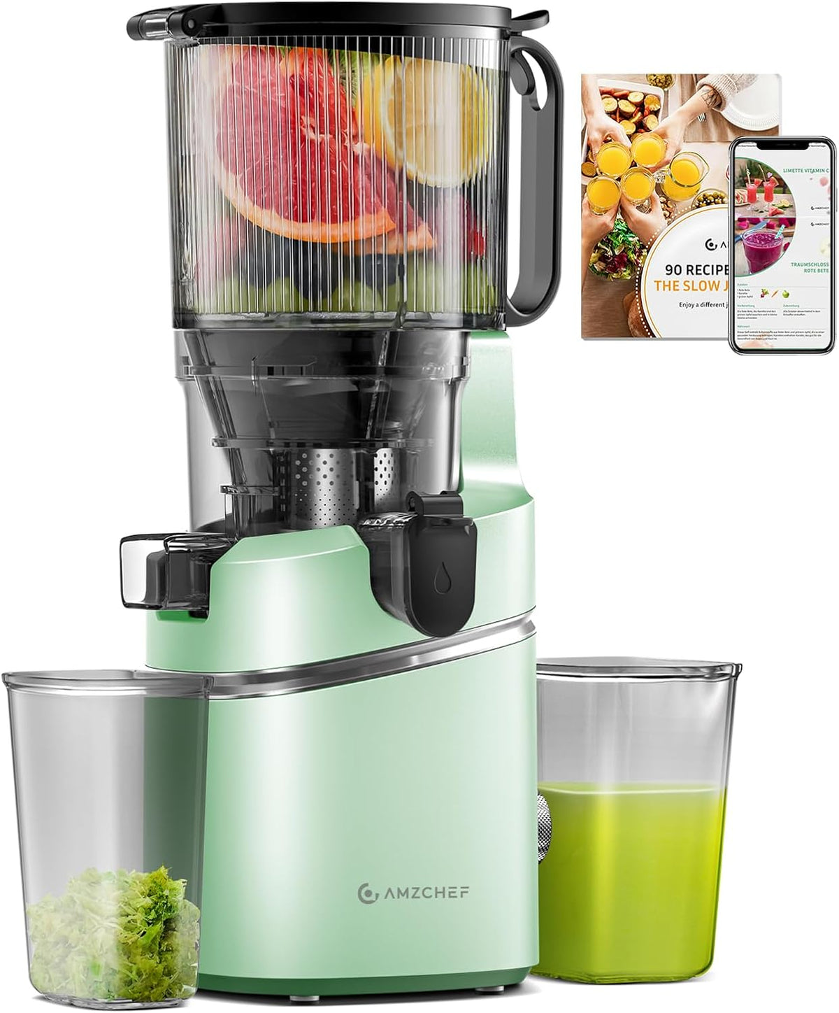 AMZCHEF Juicer Machines, 5.8" Extra Self-Feeding Cold Press Juicer for Whole Vegetable & Fruit, Juice Extractor Machine with Large Auger & Triple Strainers, Easy to Clean, High Juice Yield, Green