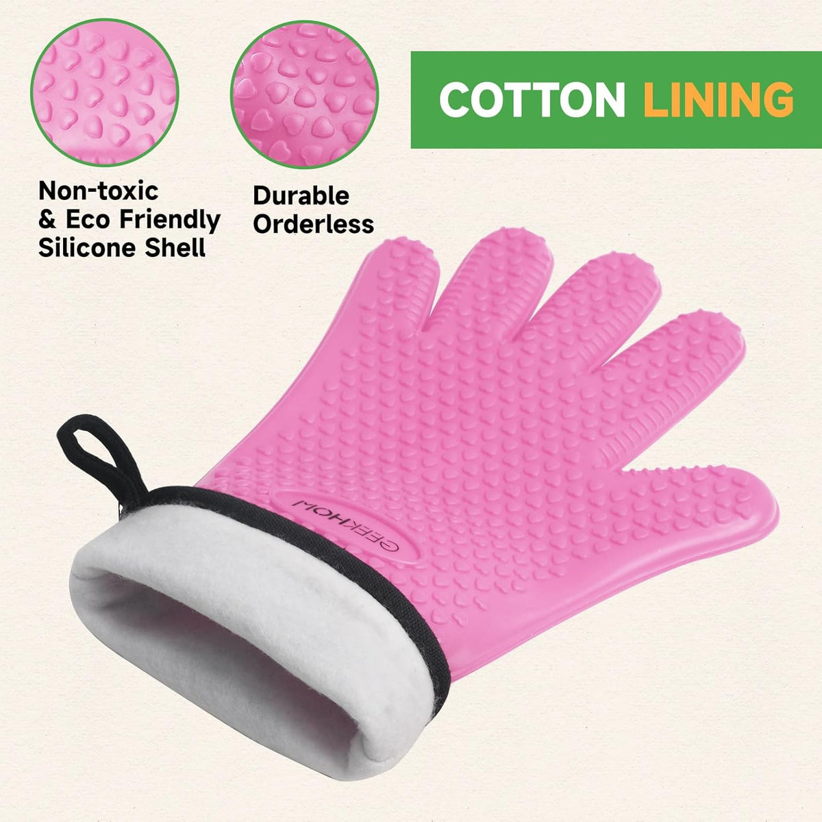 GEEKHOM BBQ Gloves Heat Resistant Oven Mitts - Silicone Grilling Gloves with 13.7" Arm Protection - Waterproof Pot Holder Non-Slip for Men & Women, Kitchen Outdoor Cooking, Baking, Camping, Pink