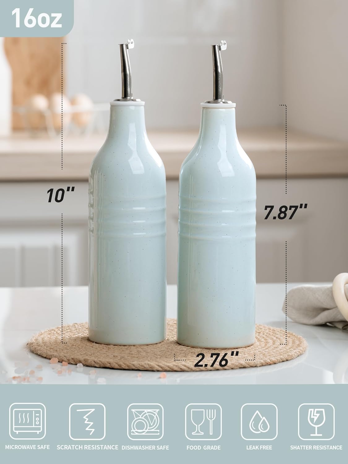 famiware Jupiter 16oz Ceramic Olive Oil Dispenser Bottle, Olive Oil and Vinegar Dispenser Bottle Set of 2 with Stainless Steel Pourers, Suitable for Storage Vinegar, Liquids, Light Blue