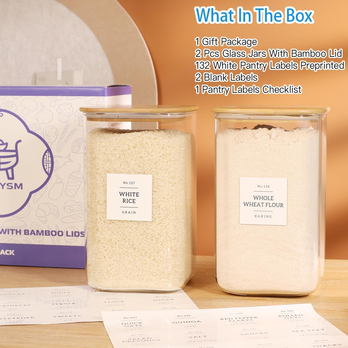 2 Pack large Square Glass Flour and Sugar Containers with 132 Kitchen Pantry Labels - Thicken 149 floz Glass Storage Jars with Airtight Bamboo Lid - Big Rice Canisters for Coffee, Pasta, Cereal