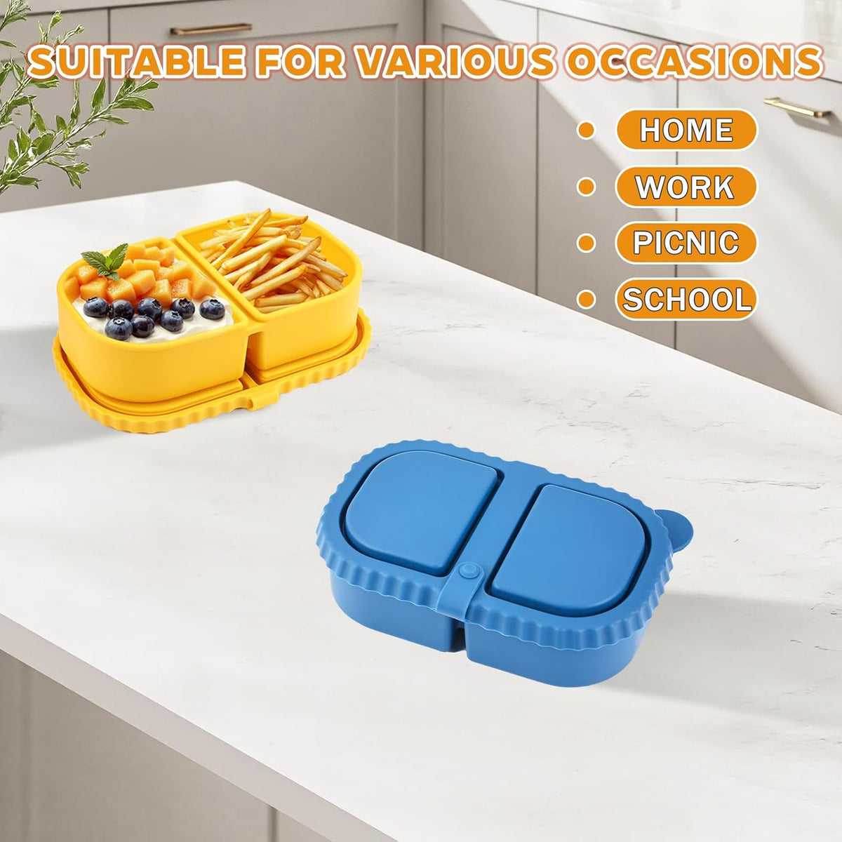 2/3/4Pack 8 oz Reusable Silicone Snack Containers with Lids, Mini Containers 2 Compartments Snackle Box for Kids & Adults, Portable Silicone Food Storage Box for Picnic, School, Office (8oz-2C-2Pcs)