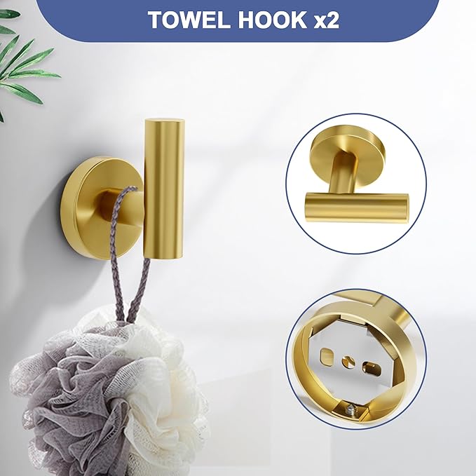 Brushed Gold Bathroom Hardware Set, 24 Inch SUS304 Stainless Steel Bath Towel Bar Set, Bathroom Accessories Set, Towel Rack, Towel Ring, Toilet Paper Holder, Robe Towel Hooks, 5-Pieces