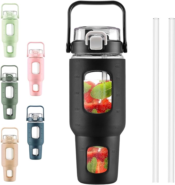 BLUEGO 40 oz Glass Water Bottles with Straw Time Marker, Glass Tumbler with Handle Top Lids, Easy to Clean, Fits in Car Cup Holder, Leakproof Jug for Gym, Sports, Workout & Daily, Black