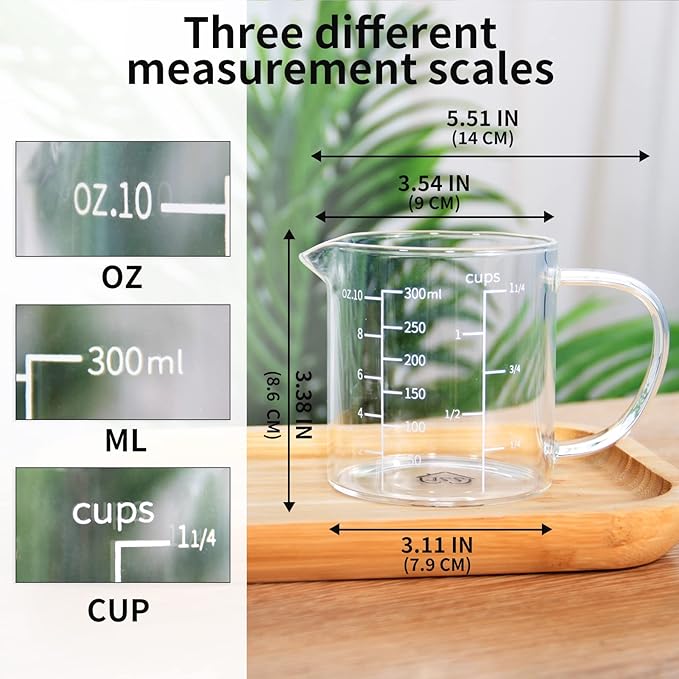 77L Glass Measuring Cup, Clear Liquid Measuring Cup with V-Shaped Spout and Three Scales, High Borosilicate Glass Beaker with Handle for Kitchen or Restaurant, 300 ML (0.3 Liter, 1 1/4 Cup)