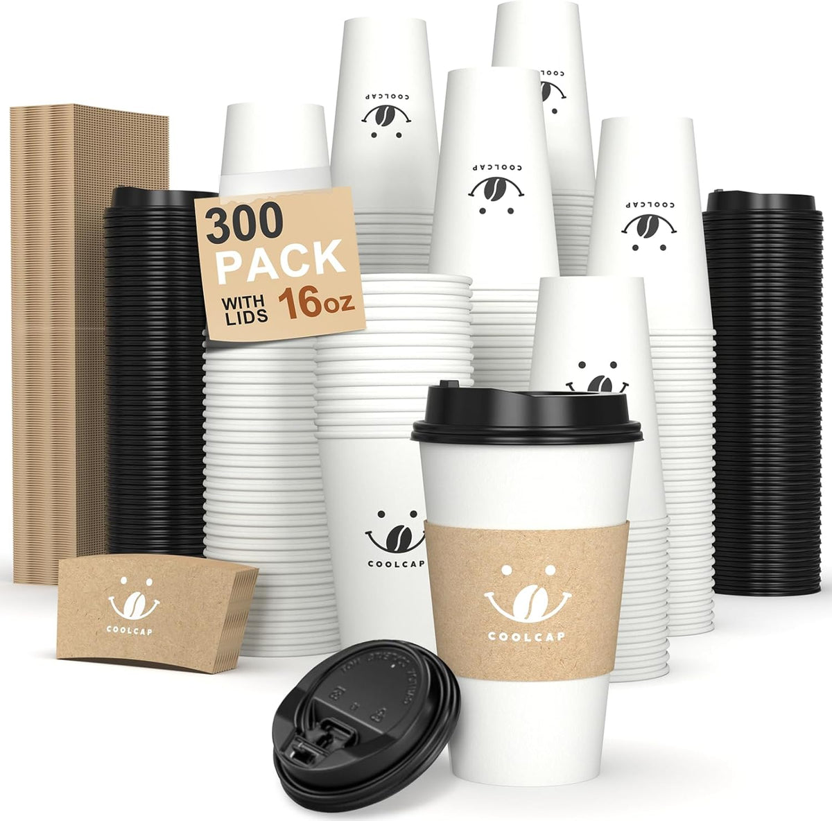 Coffee Cups with Lids and Sleeves, 16 oz 300 Pack To Go Cups with Lids, Paper Hot Cups for Hot & Cold Beverage (White, 16 oz)