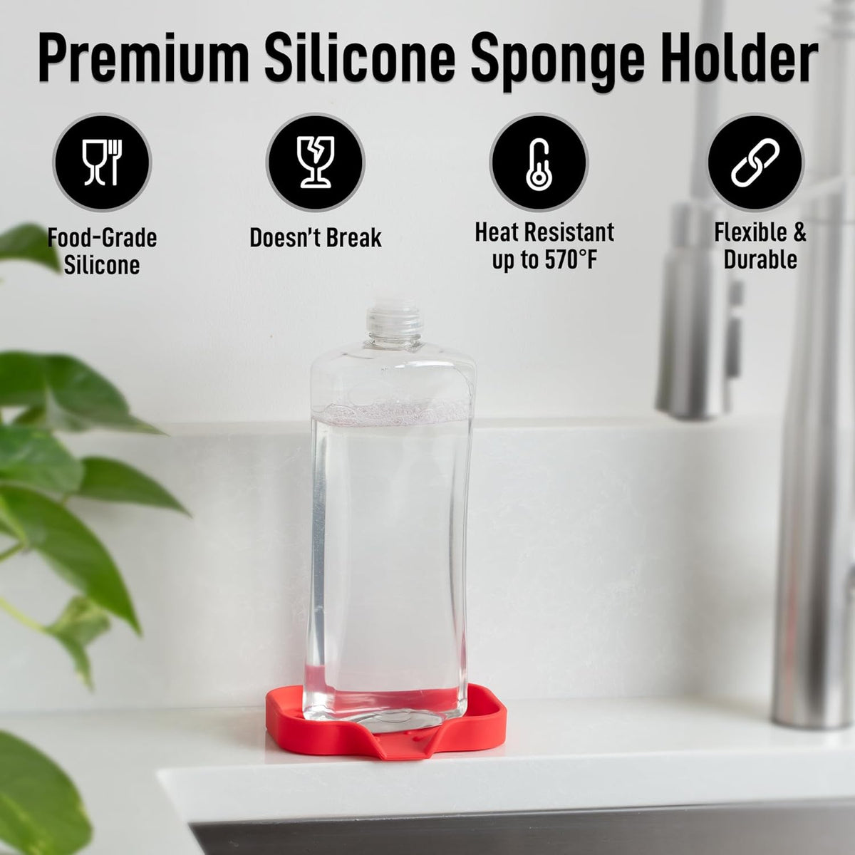 Zulay Kitchen Small Silicone Sponge Holder (4.9x3.3”) – Space-Saving Sink Organizer Tray for Sponge, Soap, Brush & More – Compact Non-Slip Dish for Kitchen & Bathroom (Red)