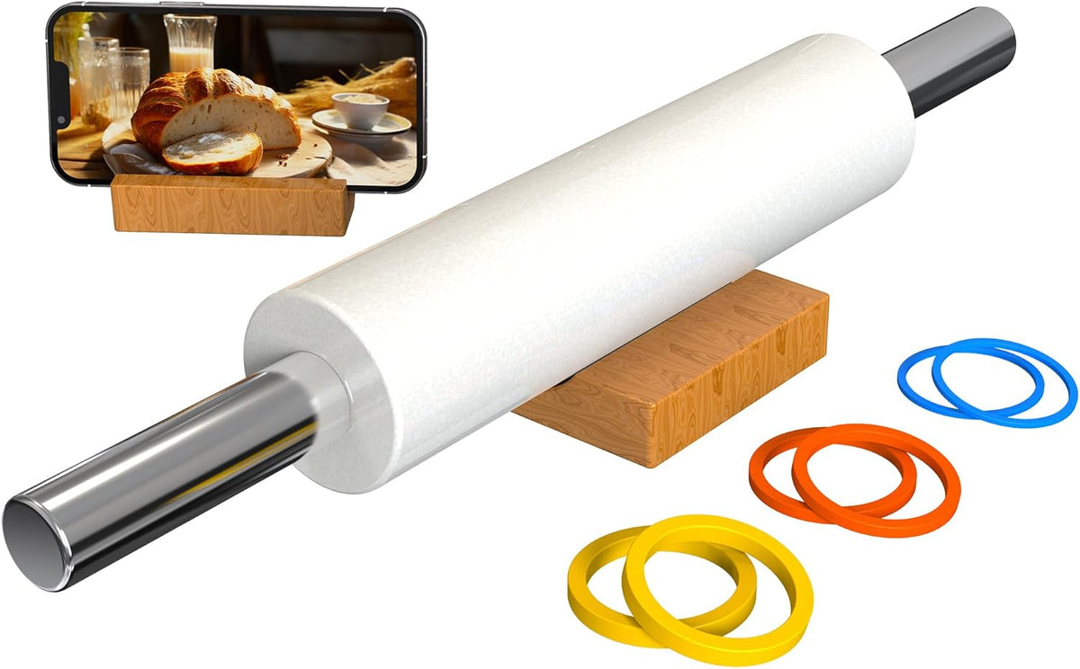 Marble Rolling Pin with Stainless Steel Handle for Baking,Fondant,Pizza,Cookie Crust,Pie,Cookies,Pastry, 18.5”(Includes handle) Marble Rolling Pin with 3 Multi-Color Thicknesses and Wood Stand