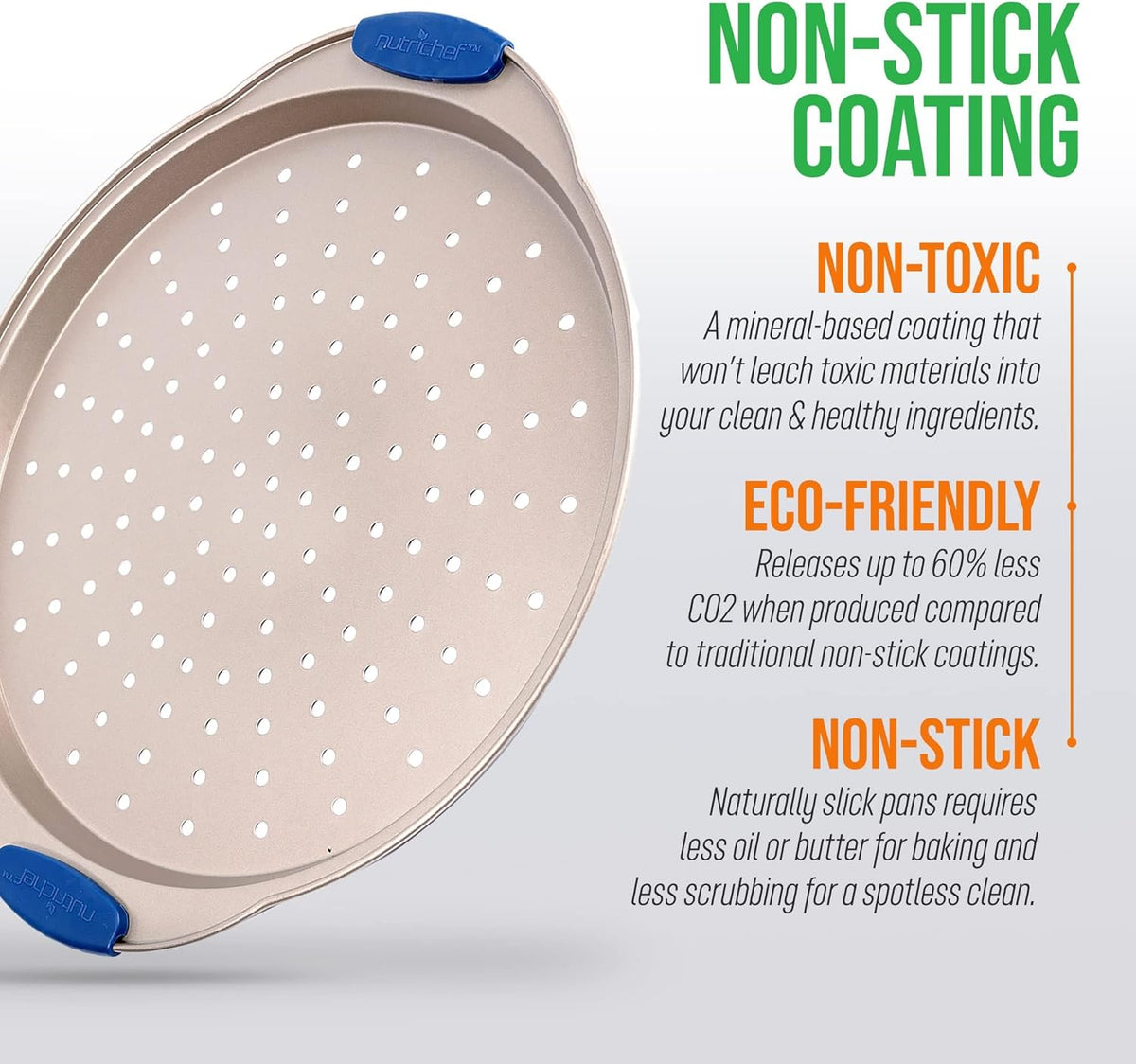 NutriChef 13-Inch Non-Stick Pizza Tray - with Silicone Handle, Round Steel Non-stick Pan with Perforated Holes, Premium Bakeware, Pizza Tray with Extended Handles, Dishwasher Safe - Champagne Gold